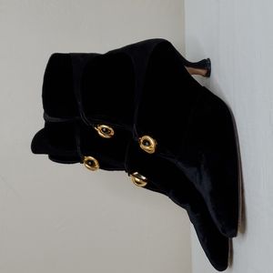 Manolo Blahnik Black Velvet Ankle Booties with Gold Buttons